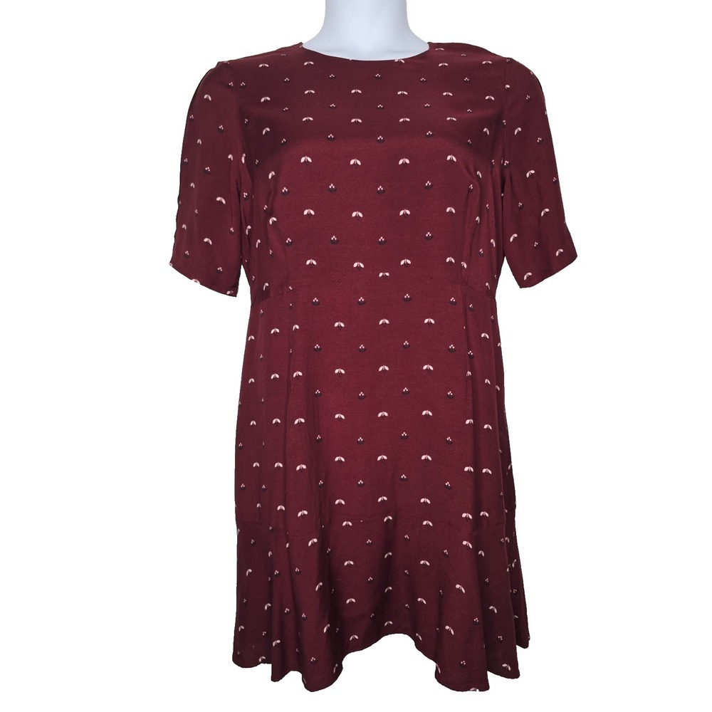 Hobbs London Elle Tea Dress Burgundy Bud Print Size 12 Short‎ Sleeve Knee Length